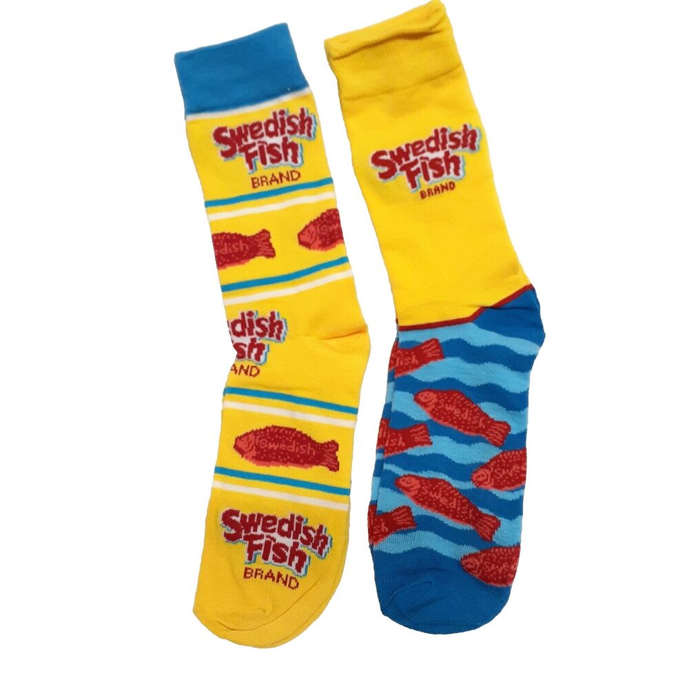 Swedish Fish Candy Gummy Novelty 2 Pair Socks Adult Men Crew Size 6-12 NWOT
